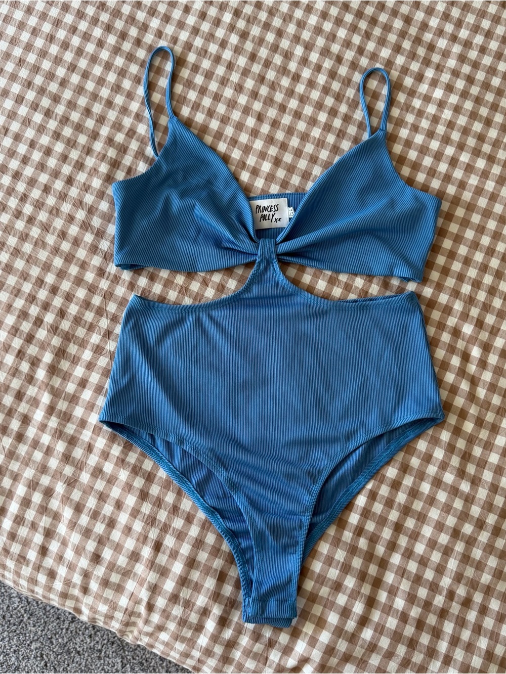 Princess Polly Cutout Ribbed Blue Bandeau Tank Top Bodysuit Size 10